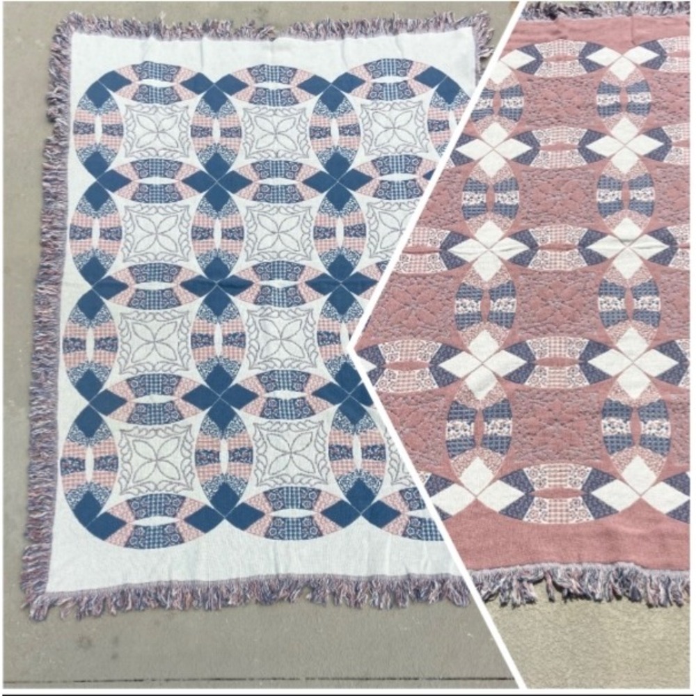 Goodwin Weavers Double Wedding Ring Woven Throw Blanket Reversible Pink Blue 70"